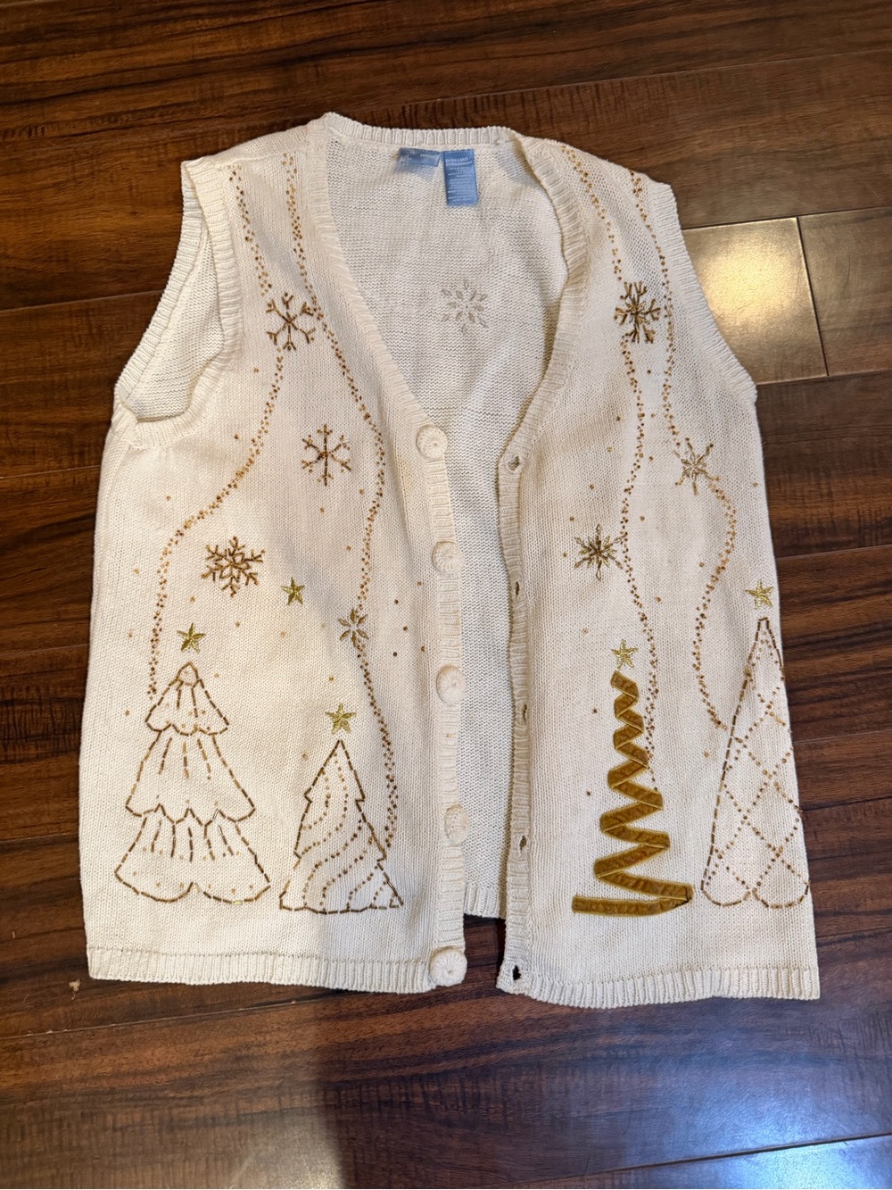 Vintage Holiday Editions Cream and Gold Embroidered Sleeveless Holiday Vest
